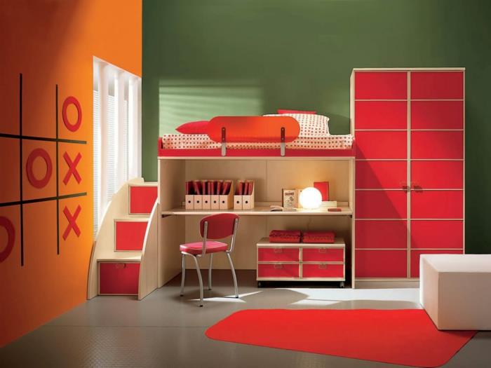 ιδέες χρώματος τοίχου παιδικό δωμάτιο πορτοκαλί τοίχο πράσινο προφορά τοίχου κόκκινα στοιχεία