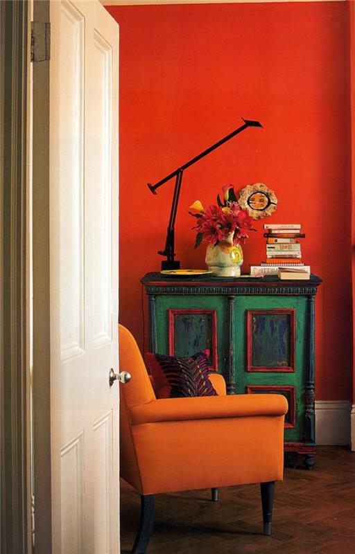 ιδέες χρώματος τοίχου πορτοκαλί τοίχοι ρουστίκ ντουλάπα πορτοκαλί πολυθρόνα
