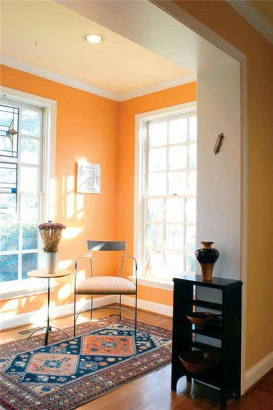 ιδέες χρώματος τοίχου πορτοκαλί τοίχοι μοτίβο μοκέτας ανοιχτό κίτρινο ταβάνι