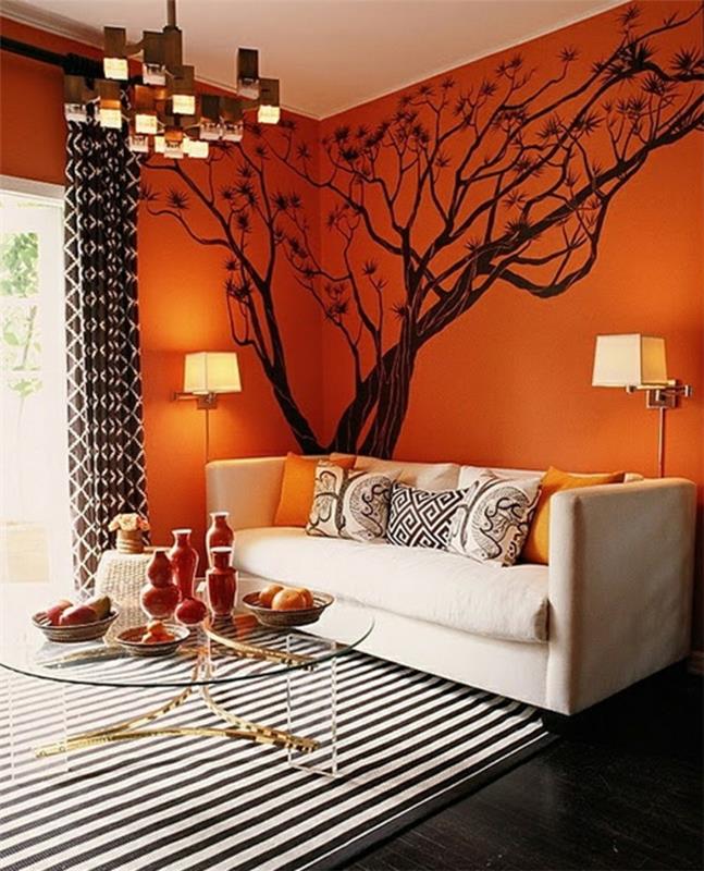 ιδέες χρώματος τοίχου πορτοκαλί χαλί λωρίδας σαλονιού