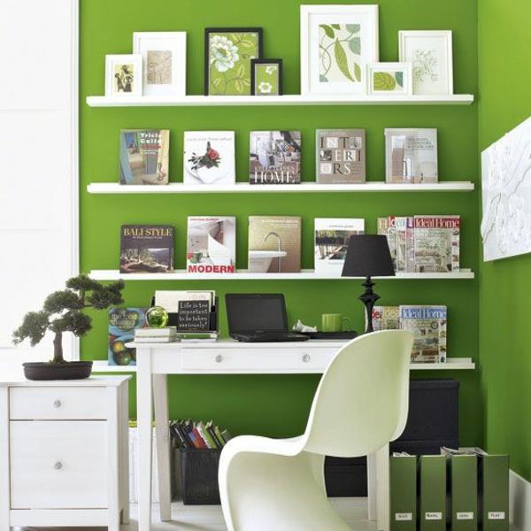 χρώμα τοίχου πράσινο χρώμα ιδέες σχεδιασμός τοίχου λευκά ράφια