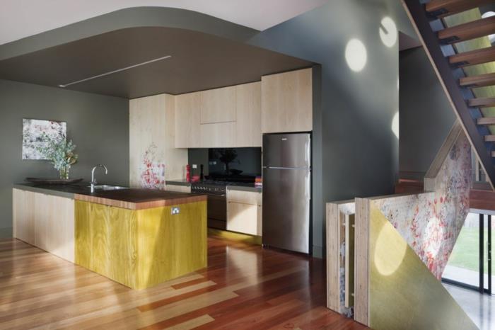 χρώμα τοίχου κουζίνα γκρι τοίχος σχεδιασμός κουζίνας νησιωτικές επιφάνειες καθρέφτη