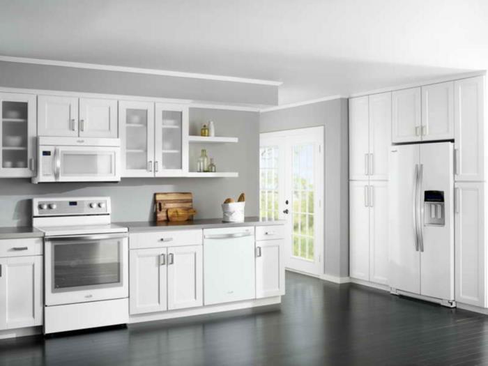χρώμα τοίχου κουζίνα ανοιχτό γκρι λευκό έπιπλα κουζίνας σχεδιασμός κουζίνας