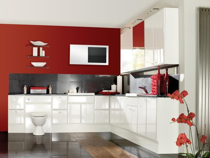 βαφή τοίχων ιδέες κόκκινη προφορά τοίχου λευκά ντουλάπια κουζίνας