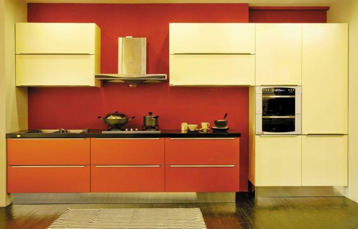 βαφές τοίχων ιδέες κουζίνα κόκκινος τοίχος σχεδιασμός πορτοκαλί ντουλάπια κουζίνας ιδέες σχεδιασμού κουζίνας