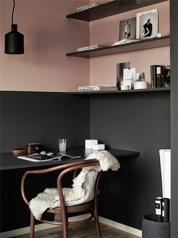 χρώμα τοίχου ροζ γραφείο μελέτης γκρι καρέκλα ανοιχτά ράφια