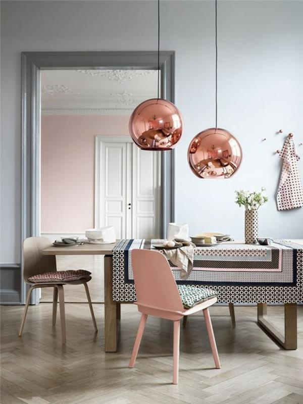 χρώμα τοίχου ροζ τραπεζαρία χρώμα χάλκινο κρεμαστό φώτα τραπεζαρία ξύλινες καρέκλες