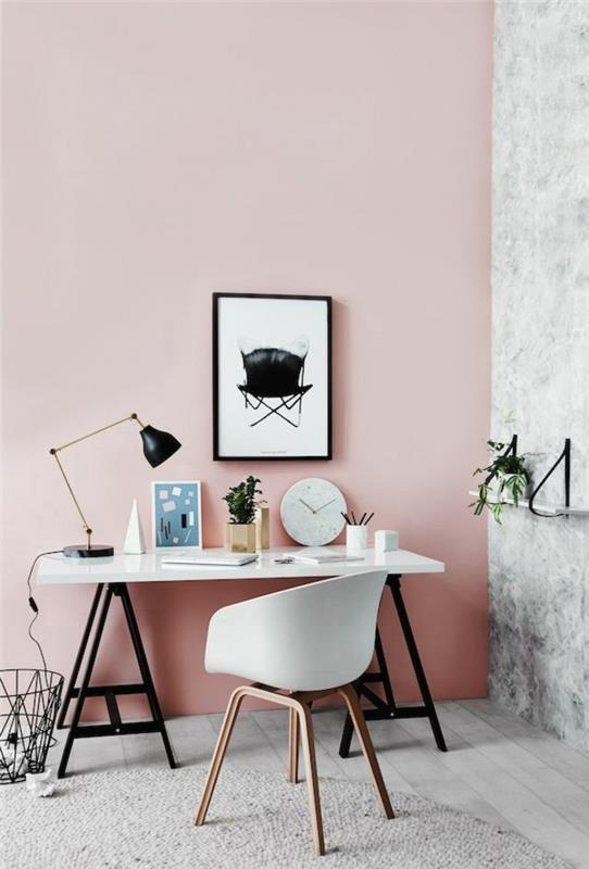 χρώμα τοίχου ροζ γραφείο μελέτης γραφείου σπιτιού σκανδιναβική καρέκλα σχεδιασμού