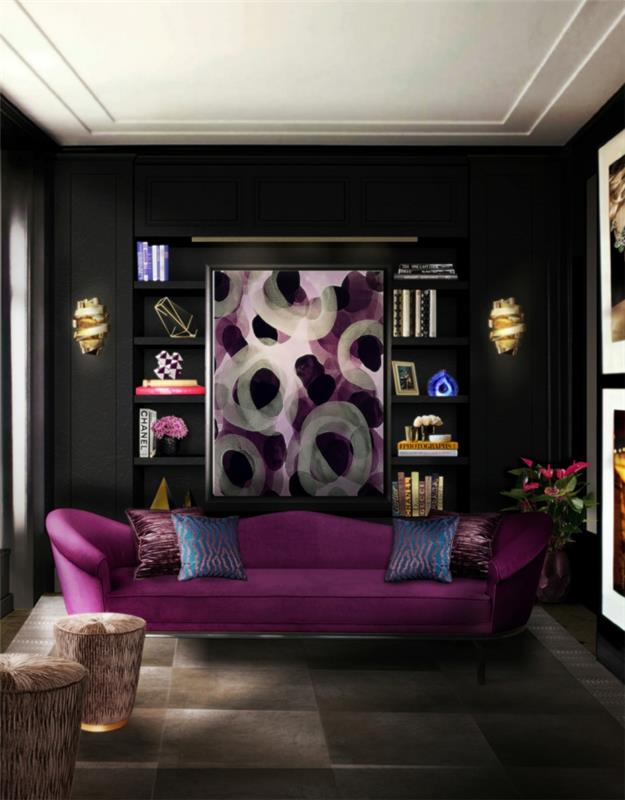 χρώμα τοίχου μαύρος μωβ καναπές σαλόνι ιδέες διακόσμηση φωτισμός
