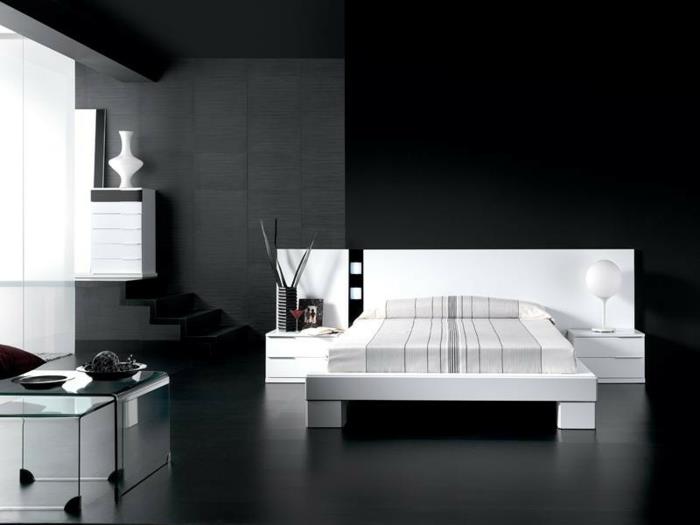χρώμα τοίχου μαύρο λευκό κρεβάτι εσωτερικές σκάλες γυάλινα τραπέζια