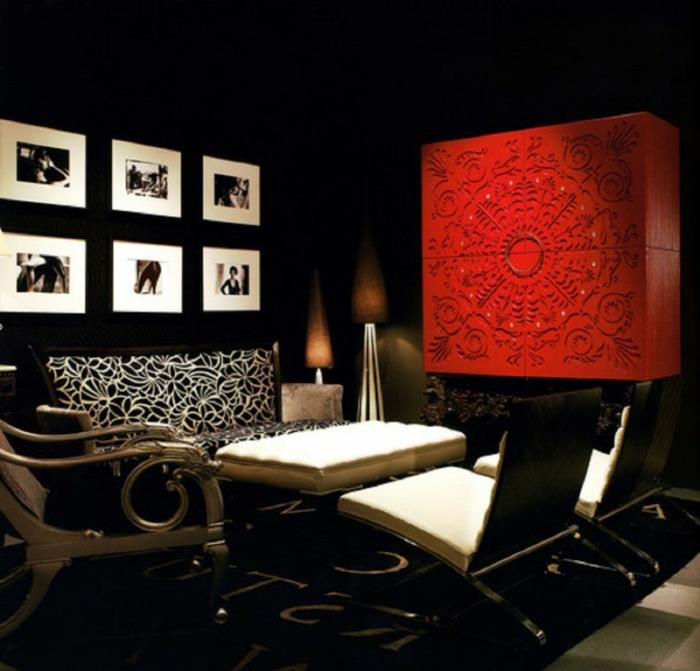 χρώμα τοίχου μαύρο σαλόνι επίπλωση ιδέες κόκκινες πινελιές