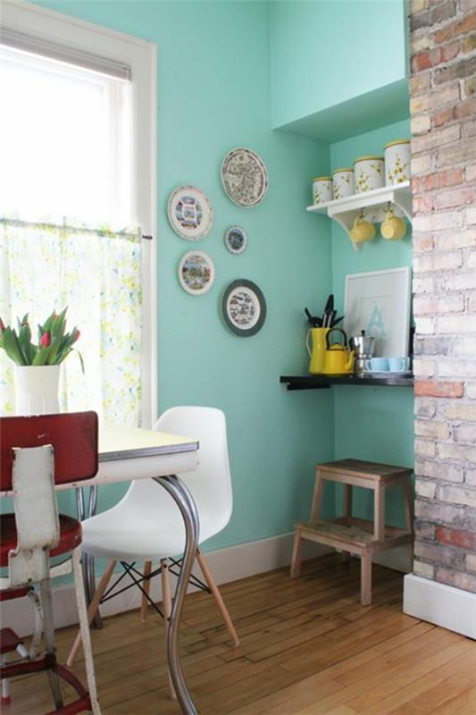 χρώμα τοίχου τυρκουάζ κουζίνα ανοιχτός τοίχος από τούβλα