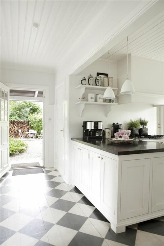 χρώμα τοίχου λευκά ντουλάπια κουζίνας σκοτεινή επιφάνεια εργασίας