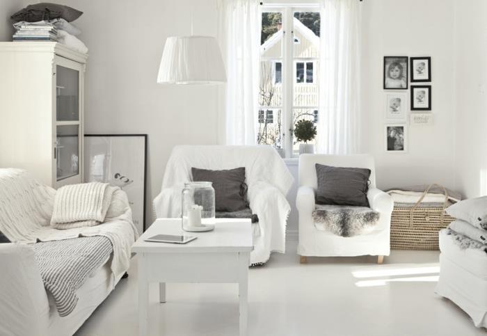 χρώμα τοίχου λευκό λευκό πάτωμα σκανδιναβικό στυλ επίπλωσης αέρινες κουρτίνες