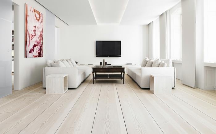 χρώμα τοίχου λευκό σαλόνι ξύλινο πάτωμα πλαϊνά τραπεζάκια ξύλο