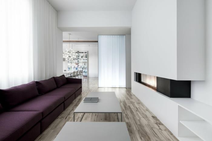 χρώμα τοίχου λευκό σαλόνι μοβ καναπές τζάκι όμορφο πάτωμα