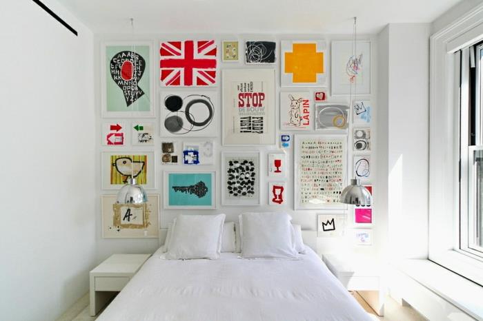 χρώμα τοίχου λευκός τοίχος σχεδιασμός κρεβατοκάμαρας διπλό κρεβάτι εικόνες κολάζ διακόσμηση τοίχου