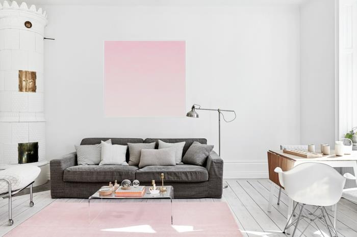 χρώμα τοίχου λευκό σχέδιο τοίχου λεπτή ροζ ξύλινες σανίδες δαπέδου στρογγυλό τζάκι γκρι καναπές φωτιστικό δαπέδου μέταλλο