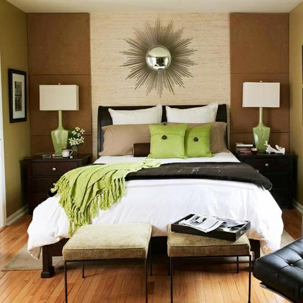 χρώματα τοίχου πράσινα μαξιλάρια κλινοσκεπάσματα καφέ αποχρώσεις ήλιος καθρέφτης