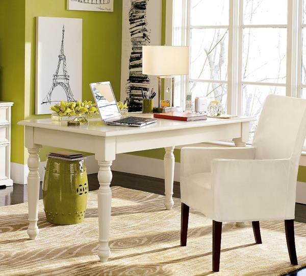 ιδέες για βαφή τοίχου χώρο εργασίας λευκό τραπέζι πολυθρόνα πράσινο χρώμα τοίχου