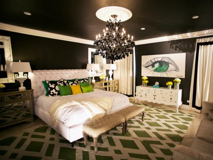 ιδέες χρωμάτων τοίχου μαύρο υπνοδωμάτιο λευκό κρεβάτι πράσινα στοιχεία