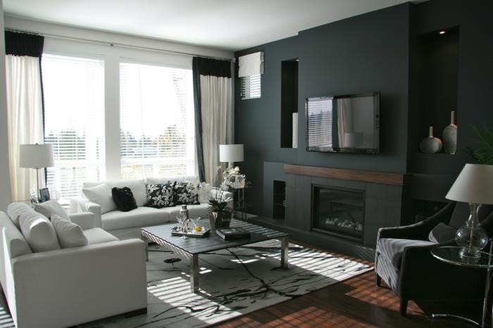χρώματα τοίχου ιδέες μαύρη προφορά τοίχου λευκοί καναπέδες χαλί ορχιδέα
