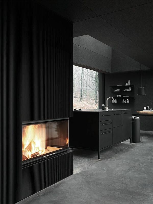 ιδέες βαφής τοίχου μαύρο χρώμα τοίχου κουζίνα κουζίνα τζάκι νησί