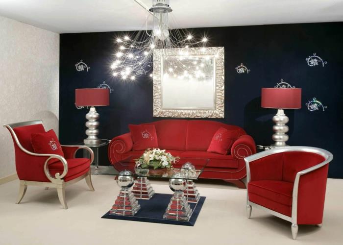 χρώματα τοίχου ιδέες σαλόνι κόκκινα έπιπλα μαύρη προφορά τοίχου γυάλινο τραπέζι