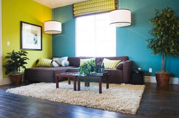 χρώματα τοίχου σαλόνι πράσινο μπλε χρώμα μίγμα μοβ καναπέ