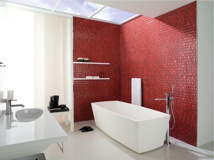 πλακάκια τοίχου μπάνιου κόκκινα ψηφιδωτά πλακάκια λευκά πλακάκια δαπέδου μπανιέρας
