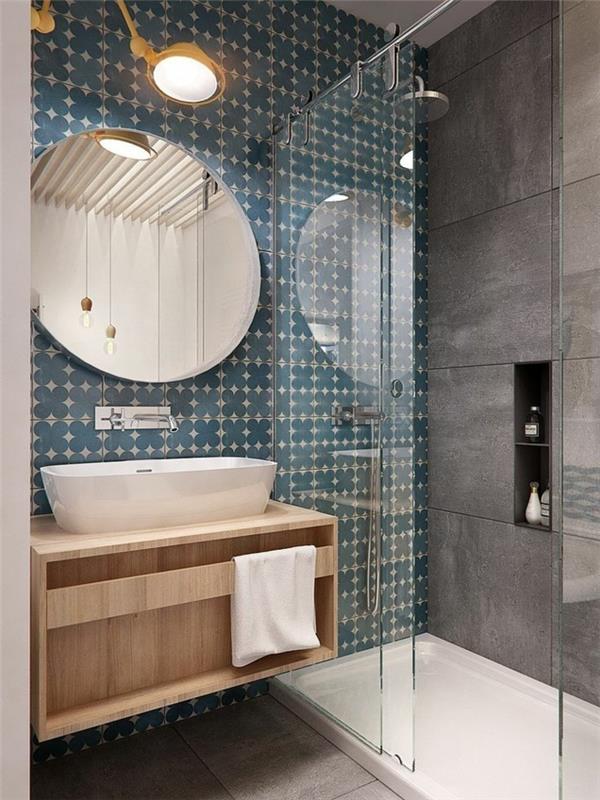 πλακάκια τοίχου μπάνιο όμορφο μοτίβο στρογγυλό τοίχο καθρέφτη κρεμαστά φώτα