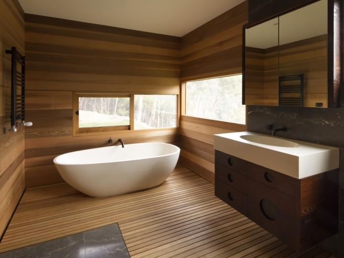 ιδέες σχεδιασμού τοίχων μπάνιο ξύλο φυσικό μοντέρνο άνετο