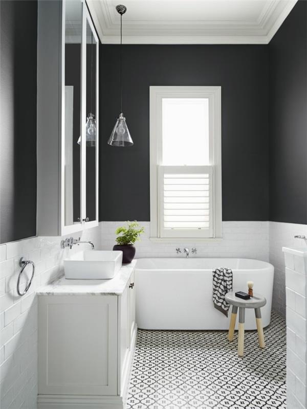 ιδέες σχεδιασμού τοίχου μπάνιο μαύρο τοίχο χρώμα λευκά πλακάκια τοίχου κρεμαστό φωτιστικό πλευρικού τραπεζιού