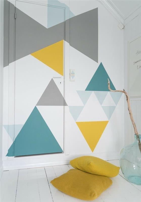 ιδέες σχεδιασμού τοίχου diy διακόσμηση τοίχου πολύχρωμα τρίγωνα