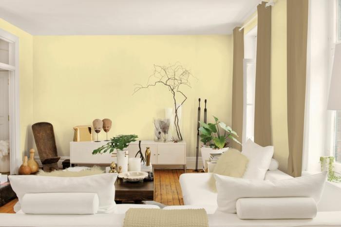 ιδέες σχεδιασμού τοίχων ανοιχτό κίτρινοι τοίχοι λευκά έπιπλα ιδέες σπιτιού σαλόνι