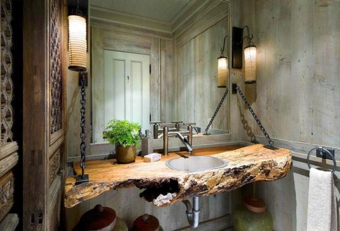ιδέες σχεδιασμού τοίχων ξύλινο μπάνιο φανταχτερό τραπέζι νεροχύτη