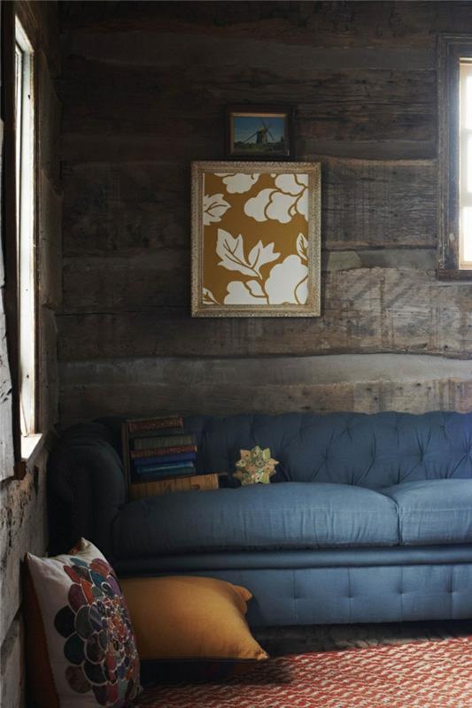 ιδέες σχεδιασμού τοίχων ξύλινα πάνελ σαλόνι μπλε καναπές