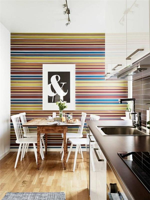 ιδέες σχεδιασμού τοίχου λωρίδες ταπετσαρίας κουζίνας χρωματισμένες φρέσκες
