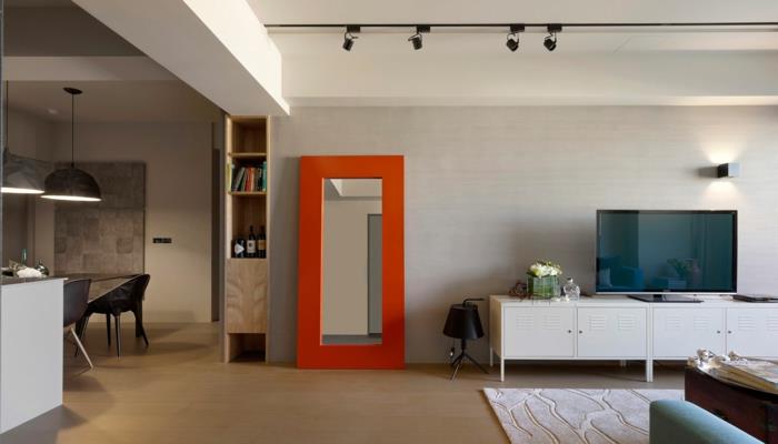 ιδέες σχεδιασμού τοίχου πορτοκαλί πλαίσιο καθρέφτη ανοιχτό σχέδιο
