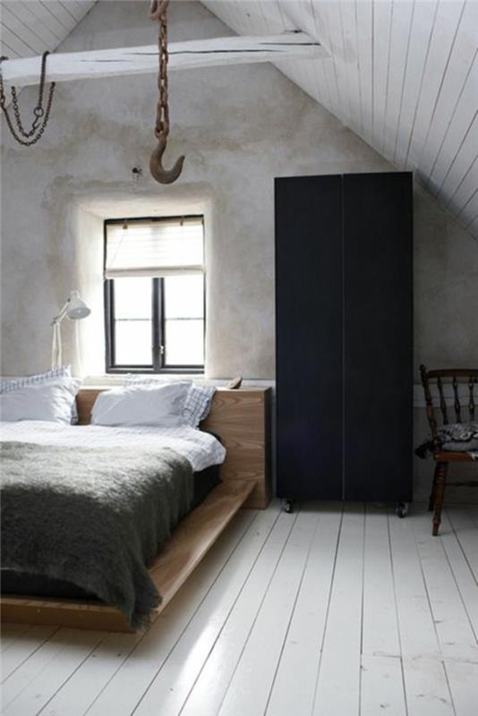 ιδέες σχεδιασμού τοίχου υπνοδωμάτιο τσιμεντένιοι τοίχοι μαύρη ντουλάπα ελαφρύ δάπεδο