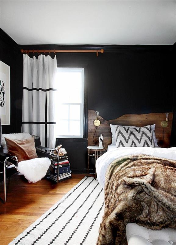 ιδέες σχεδιασμού τοίχου υπνοδωμάτιο μαύροι τοίχοι ρουστίκ κρεβάτι κεφαλάρι λευκές λωρίδες χαλιού
