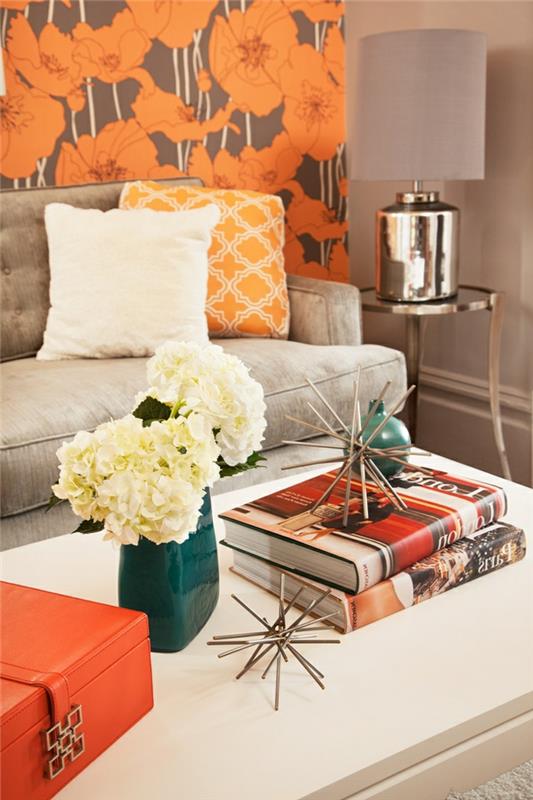 ιδέες σχεδιασμού τοίχου ταπετσαρία τοίχου σαλόνι καναπές λουλουδάτο πορτοκαλί