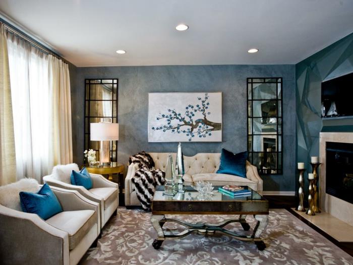 ιδέες σχεδιασμού τοίχων ιδέες σπιτιού σαλόνι κομψοί μπλε τοίχοι καθρέφτες επιφάνειες