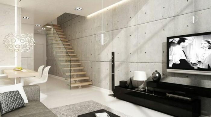 ιδέες σχεδιασμού τοίχων σαλόνι τσιμεντένιοι τοίχοι εσωτερικές σκάλες