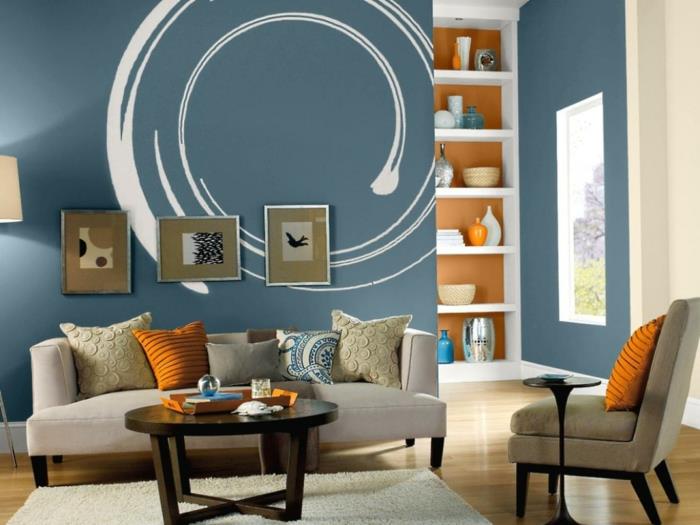 ιδέες σχεδιασμού τοίχων σαλόνι μπλε τοίχοι τονίζουν πορτοκαλί στοιχεία