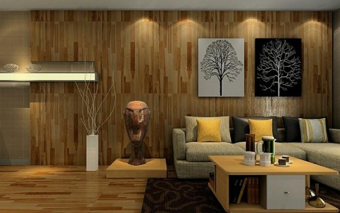 ιδέες σχεδιασμού τοίχου σαλόνι ξύλινος μοντέρνος φωτισμός