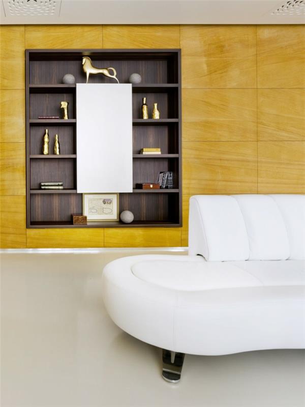 ιδέες σχεδιασμού τοίχων σαλόνι λευκός καναπές κίτρινα πάνελ