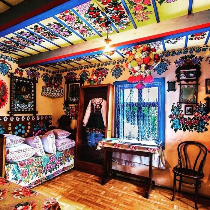 ιδέες σχεδιασμού τοίχων zalipie floral μοτίβο διακόσμηση τοίχου οροφής δωματίου