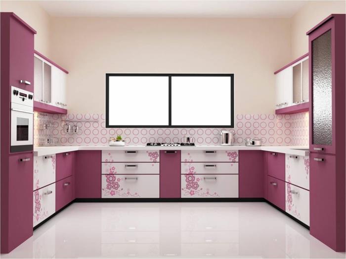 σχέδιο τοίχου κουζίνα πλακάκια τοίχου ροζ ντουλάπια κουζίνας λευκό πάτωμα