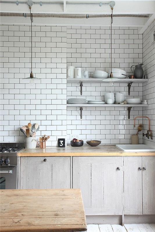 σχεδιασμός τοίχου λευκά πλακάκια τοίχου κουζίνας και ράφια ανοιχτού τοίχου